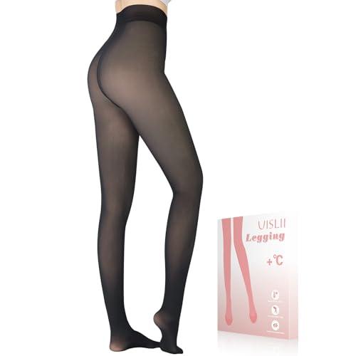 UISLII Fleece Lined Women's Tights Warm, Fake Translucent, Thermal, Skin Colored for Winter (Black Foot, Medium-Tall)