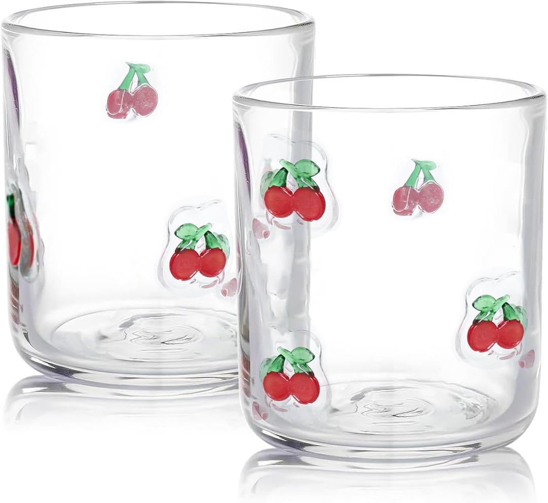 2 Pack Icon Juice Glass, Old Fashioned Transparent Cup Heat & Cold Resistant Coffee Cup with Heavy Base, Cute Cocktail Glass Drinking Mug 14 oz, Unique Design for Birthday Gift (Cherry)