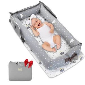 Baby Lounger for Newborn 0-24 Months, Baby Nest Cover Breathable and Soft Cotton, Infant Lounger with U-Shaped Safety Bumper for Cozy Comfort Baby Essentials (Crown Grey)