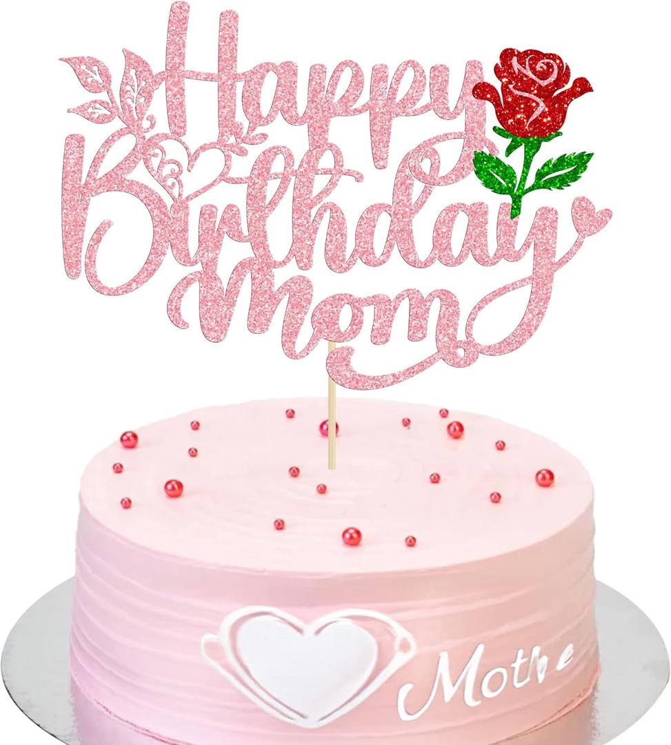 Ephlyn 1Pcs Happy Birthday Mom Cake Topper Glitter Best Mom Ever Cake Decorations for Happy Mothers Day Mom Birthday Party Decorations Pink