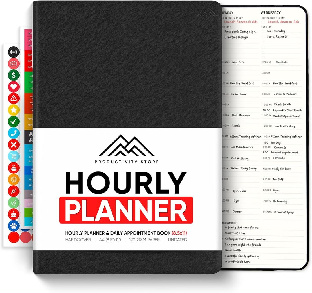 Hourly Planner & Appointment Book (8.5 x 11) - Premium Hourly Planner with Daily Schedule & 30-Minute Time Slots for Better Time Management by PRODUCTIVITY STORE (A4, Black)