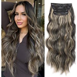 Black Mix Blonde Hair Extensions 4PCS Blonde Highlight Clip in Hair Extensions for Women 20 Inch Long Wavy Curly Hair Extension Highlight Syntheitc Hairpieces