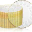 Hushee 50 Pcs Plastic Plates with Gold Trim 6'' Small Round Disposable Vintage Dessert Plates for Party Birthday Buffet Wedding Catering Celebration Reception (Clear)