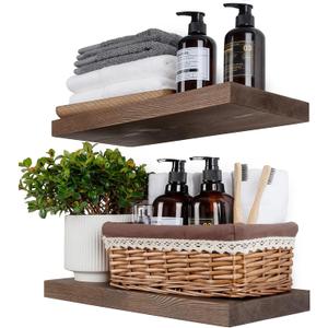 BGMG Wood Floating Shelves for Wall 18 inch Set of 2, Rustic Wooden Wall Mount Shelves for Bathroom Living Room Bedroom Kitchen Farmhouse -18x 6.7 x1.25 inch- Walnut Color