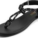 Rihero Rope Thong Sandals for Women Ankle Strap Slip On Comfortable Beach Flat Sandals (Black)