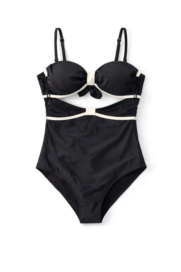 WDIRARA Women's Contrast Trim One Piece Swimsuit Spaghetti Strap High Cut Swimwear (Large, Black and White)