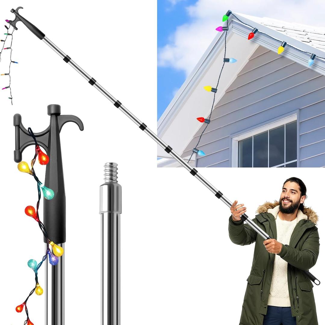 3-13 FT Christmas Light Hanger Pole with Utility Hook, Extension Pole for Holiday Lights Installation, Multi-Functional Christmas Light Hanger Tool for Birdfeeder, String Lights and Tree Ornament