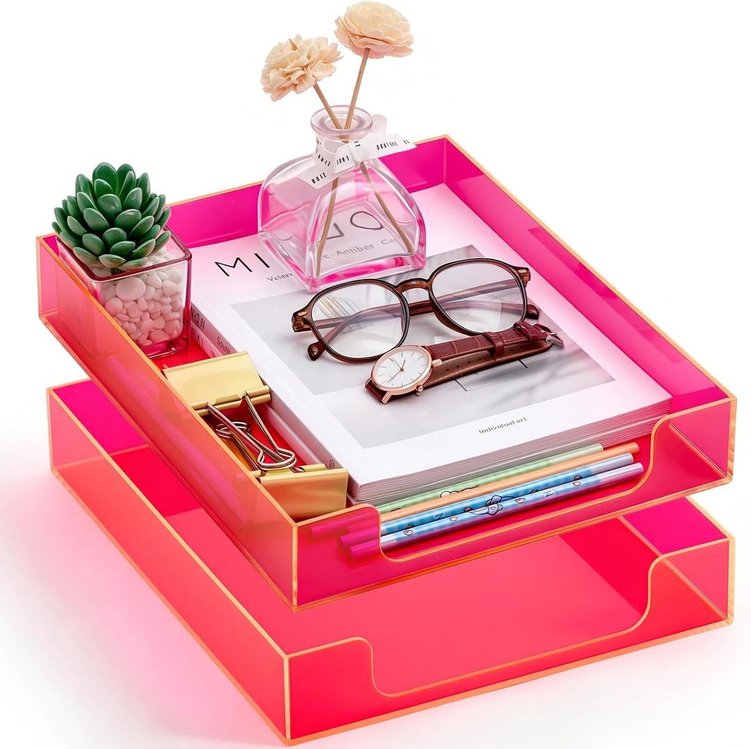 Maxcheck Neon Pink Acrylic Letter Tray 2 Pcs 12.6 x 10.2 x 2.1'' Paper Tray Organizer Stackable Desk Supplies with Non Slip Rubber for Office Accessories Desk File Document Folder
