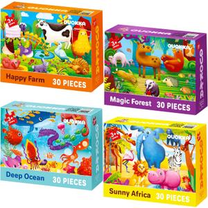 QUOKKA Puzzles for Toddlers 3-5 - 4 x 30 Pieces Puzzles for Kids Ages 2-4 - Animal Learning Jigsaw Puzzles for Kids 4-6 Years Old - Educational Toys for Boy and Girl (Domestic & Wild Animals)