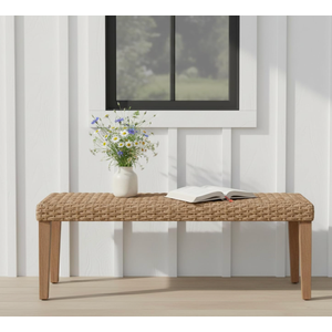 Outdoor Rattan Backless Bench, All-Weather Wicker & Solid Acacia Wood, Upholstered Premium Garden Bench with Woven Rattan Seat and Thick Outdoor Cushion for Patio, Porch, Living Room or Entryway