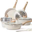 CAROTE Pots and Pans Set Nonstick, White Granite Induction Kitchen Cookware Set, 10 Pcs Non Stick Cooking Set w/Frying Pans & Saucepans (PFOS, PFOA Free)