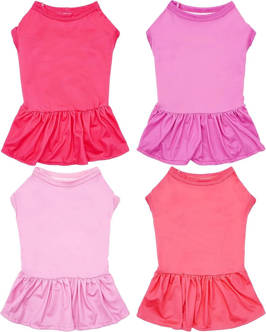 4PCS/Pack Dog Dresses Shirts Pink for Small Dogs Girl Female Purple Red Puppies Doggies Kittens Skirts Spring Summer Clothes Pet Apparel Cat Sundress Stretchable Outfit S