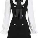 Women Short Dresses 2 In 1 Colorblock Turndown Collar Lantern Sleeve Black Suit Cute Dress (Small)