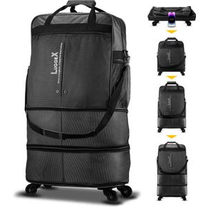LUGGEX Travel Duffel Bags, Expandable Collapsible Luggage with Spinner Wheels, Lightweight, without Telescopic Handle, Large Capacity Suitcases with Wheel for Men Women (Black, 55L-113L), Medium