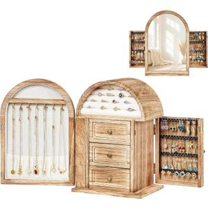 Poyilooo Jewelry Box Organizer, Solid Wood Jewelry Box Storage Necklaces Rings Earrings Bracelets with Mirror & Drawers, Christmas Gifts for Women(Carbonized Brown)