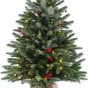 3ft Pre-Lit Premium Artificial Christmas Tree with 80 LED Lights Frazer Fir Mini Xmas Trees, Cement Burlap Base Basin, for Home Tabletop, Green
