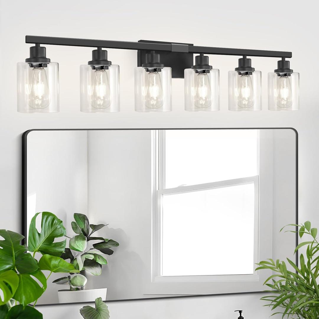 6-Light Black Vanity Lights for Bathroom, 38'' Modern Bathroom Vanity Lighting Fixtures for Mirror, Matte Black Bathroom Light Fixtures, Black Wall Sconces for Bedroom Living Room Hallway