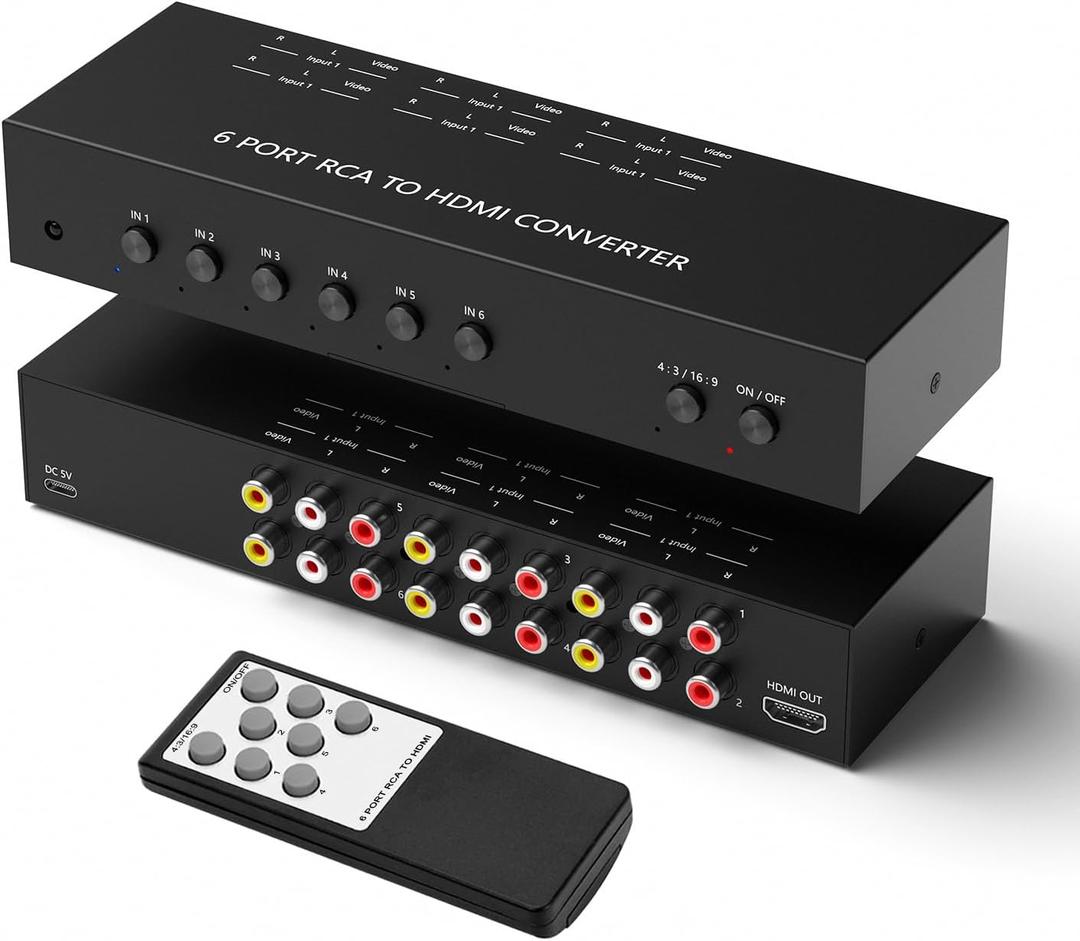 6Port AV to HDMI Converter RCA/Composite/CVBS Adapter Support 16:9/4:3 Switch for Wii/N64/PS1/PS2/PS3/VHS/VCR/DVD Players etc (6Port RCA in to 1 HDMI Converter with IR Remote)