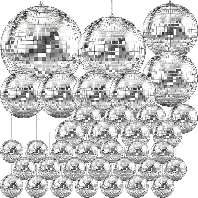 The Dreidel Company Mirror Disco Ball 36Pack Variety of Sizes, Silver Hanging Ball with Attached String for Ring, Reflects Light, Fun Party Home Bands Decorations