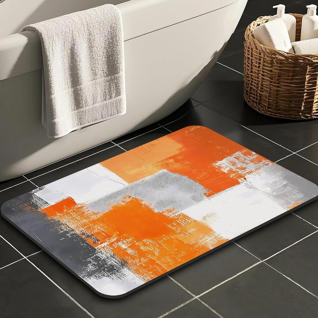 Orange and Gray Abstract Art Painting Bathroom Rugs Mat Non Slip Super Absorbent Stain Resistant Quick Dry Thin Bathroom Rug-Bath Mats for Bathroom Floor Bathtub,16"x24"