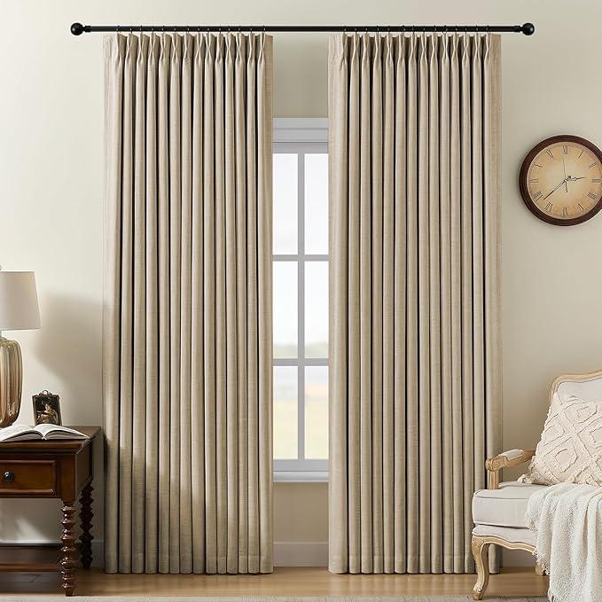 Pinch Pleated Curtains 100% Blackout Linen Curtains 84 Inches Long for Bedroom Living Room, Sand Color Memory Trained Thermal Insulated Room Darkening Window Drapes with Hooks 2 Panels 40"Wx84"L