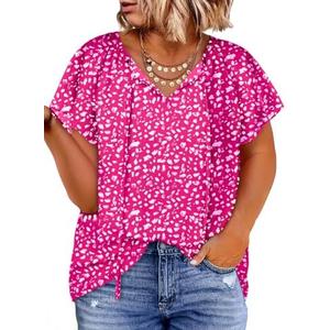 Eytino Women Plus Size Tops Boho Printed V Neck Short Sleeve Drawstring Casual Chiffon Shirts Blouse, 2XL