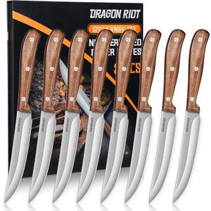 DRAGON RIOT Steak Knives Set of 8, Ultra Sharp Steak Knife Set Japanese VG-10 Stainless Steel Non Serrated Steak Knives Full Tang Wood Handle with Gift Box