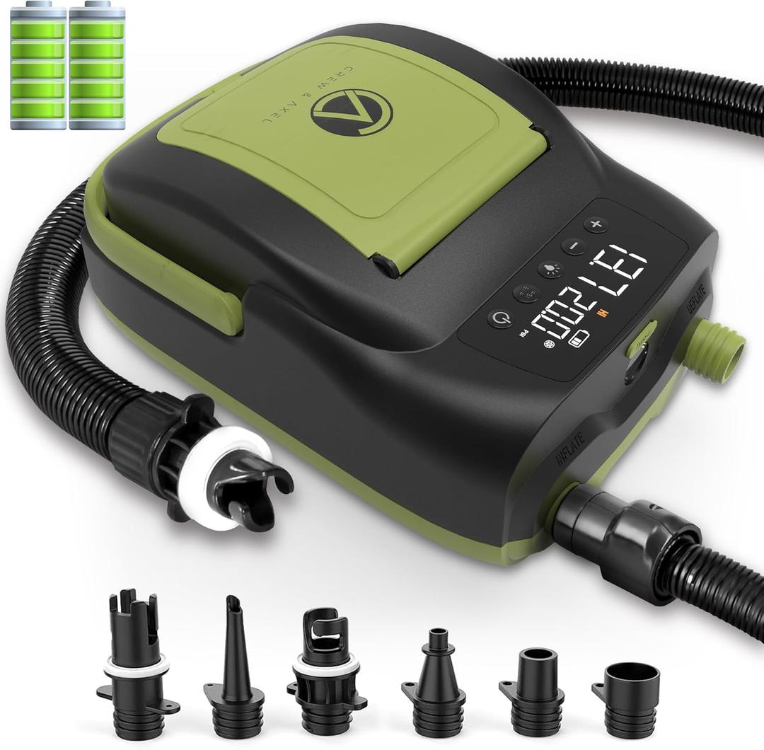 Crew & Axel Rechargable Electric Paddle Board Pump (Wireless)  (20PSI, 12V) Portable Air Compressor Also for Inflatable SUP, Kayaks, Pools, Boats, Stand up Boards - 6000 MAH Battery Green