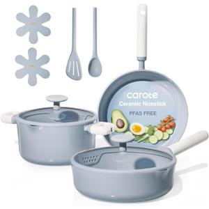 CAROTE Pots and Pans Set Nonstick, Ceramic Cookware Set, Blue Cooking Set Kitchen Induction Set with Steamer, PFAS PTFE Free,9 Piece