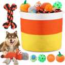 Abbylike 7 Pcs Halloween Dog Toys Set Candy Corn Rope Basket Puppy Toy Bundle with Squeaky Pumpkin Dog Chew Toy and Rubber Ball Fun Teeth Cleaning & Interactive Play for Small Medium Dogs