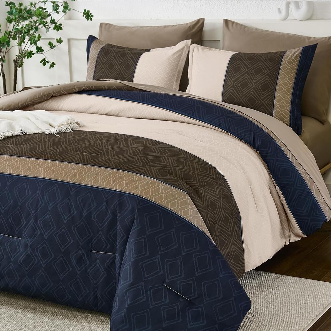 Dinjoy Navy Brown King Size Comforter Set,Striped Boho Bed in a Bag King 7 Pieces Soft Fall Bedding Comforters Sets wiht Sheets Microfiber Complete Bed Sets for All Season