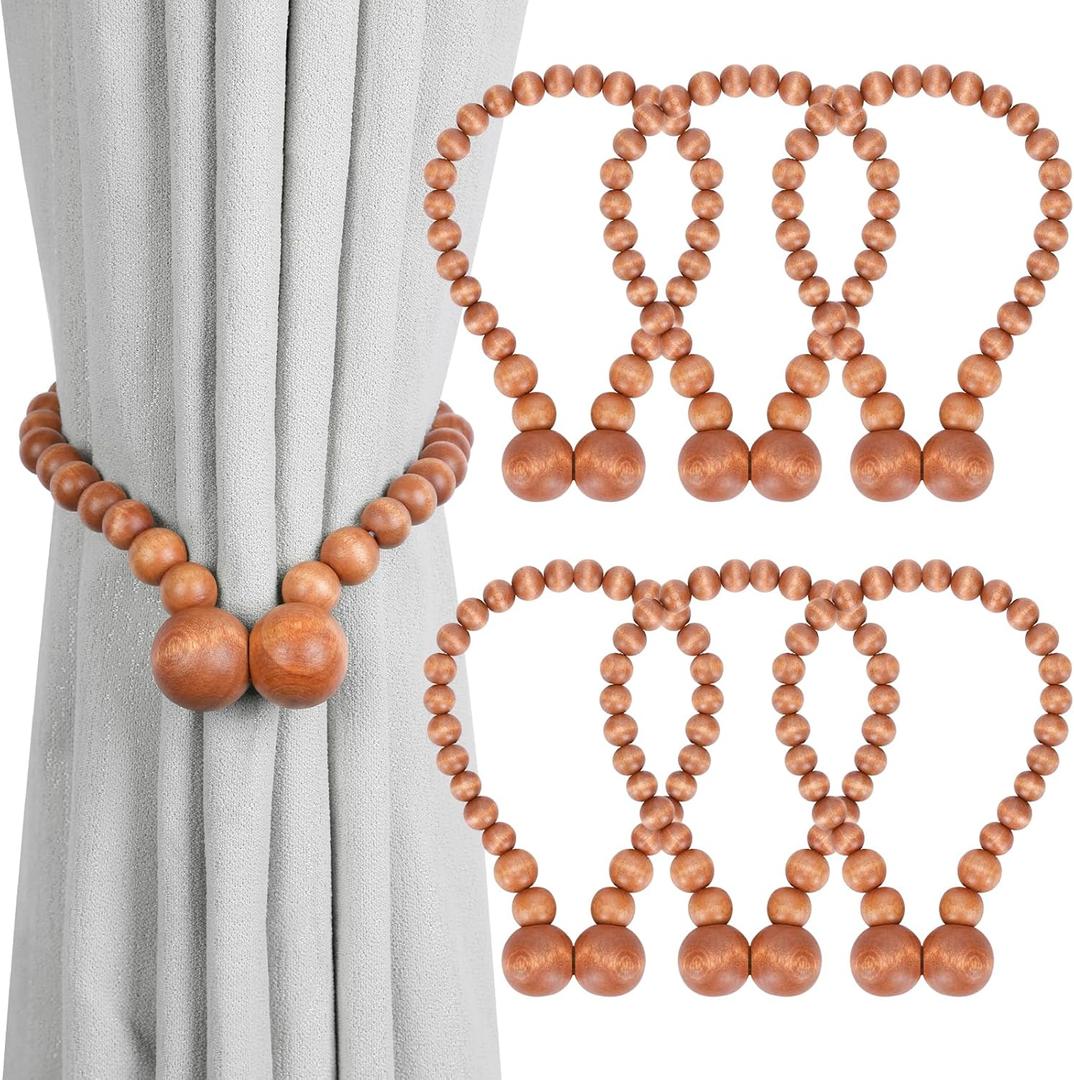 KLOGTSIND Magnetic Curtain Tiebacks, Curtain Tie Backs for Curtains 6 Pack, Wood Bead Curtain Tiebacks, Curtain Holders for Boho Bedroom Decor, Baby Nursery Decor, Farmhouse Decor (Brown)