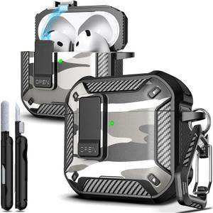 R-fun for AirPods 4 Case with Cleaning Kit, Carbon Fiber Elements Military Drop Proof Auto Pop up Cover, Phone Stand and Magnetic Base with Carabiner Hook Compatible with AirPods 4th Gen 2024, Snow Camo