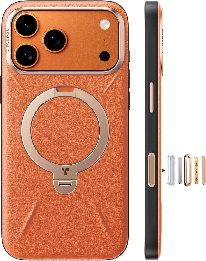 TORRAS Organic Leather for iPhone 17 Pro Case with Stand, Fit for Magsafe, 360 Spin Kickstand with Camera Control, Premium Leather Durable Stylish Q3 VegSkin for iPhone 17 Pro Phone Case, Burnt Orange