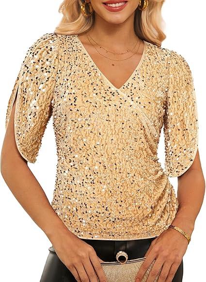 GRACE KARIN Womens 3/4 Length Sleeve Sequin Tops V Neck Velvet Ruched Blouses 2025 Glitter Trendy Party Outfit Gold L