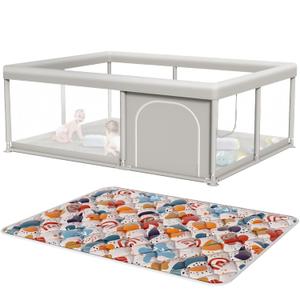 65 x 50 Inch Baby Playpen with Mat, PlayPen for Babies and Toddlers, Sturdy Safety Play Yard for Indoor & Outdoor with Zipper Gates (65IN*50IN+MAT, Grey)