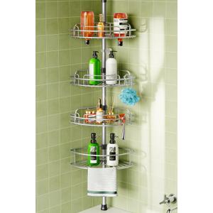 HAMITOR Corner Shower Caddy Tension Pole: 4-Tier Rust-Resistant Adjustable Bathroom Organizer Shelves - 47-121 Inch No-Drill Quick Installation - Space-Saving Storage for Renters Family - Silver Gray