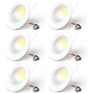 Amico 5/6 inch 5CCT LED Recessed Lighting 6 Pack, Dimmable, IC Rated, 12.5W=100W, 950LM Can Lights with Baffle Trim, 2700K/3000K/4000K/5000K/6000K Selectable, Retrofit Installation, ETL & FCC