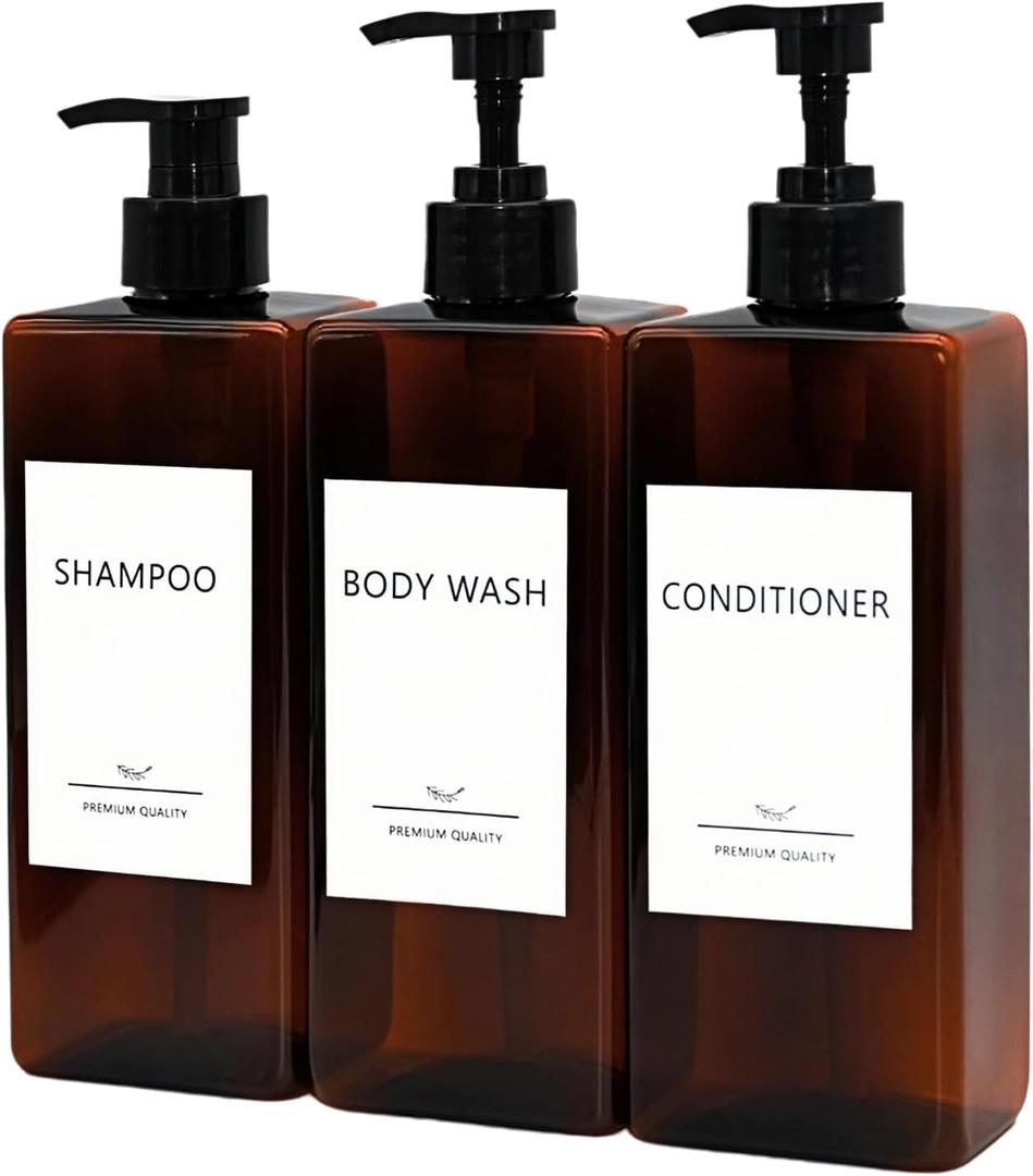 Shampoo and Conditioner Dispenser Set, 3Pack Refillable Shampoo and Conditioner Bottles with Labels, 500ml Soap Dispenser 16.9oz Shower Dispenser Square Pump Bottle for Bathroom and Kitchen - Amber
