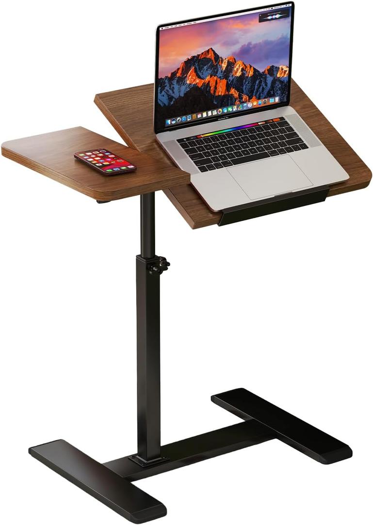 Overbed Bedside Table with Wheels, Tiltable Hospital Bed Table Over The Bed, Pneumatic Adjustable Rolling Laptop Desk, Mobile Standing Desk for Hospital and Home Use Walnut, 23.62 x 15.75 x 31.5 inches