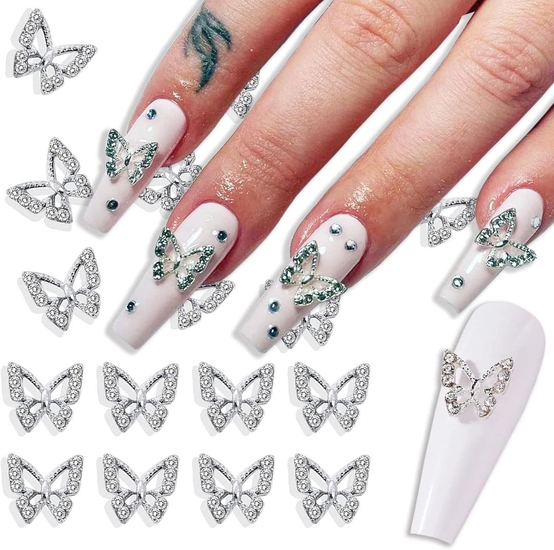 Butterfly Nail Charms with Diamond Design 3D Metal Butterfly Charms for Women Girls Silver Nail Decoration Supplies DIY Manicure 10Pcs