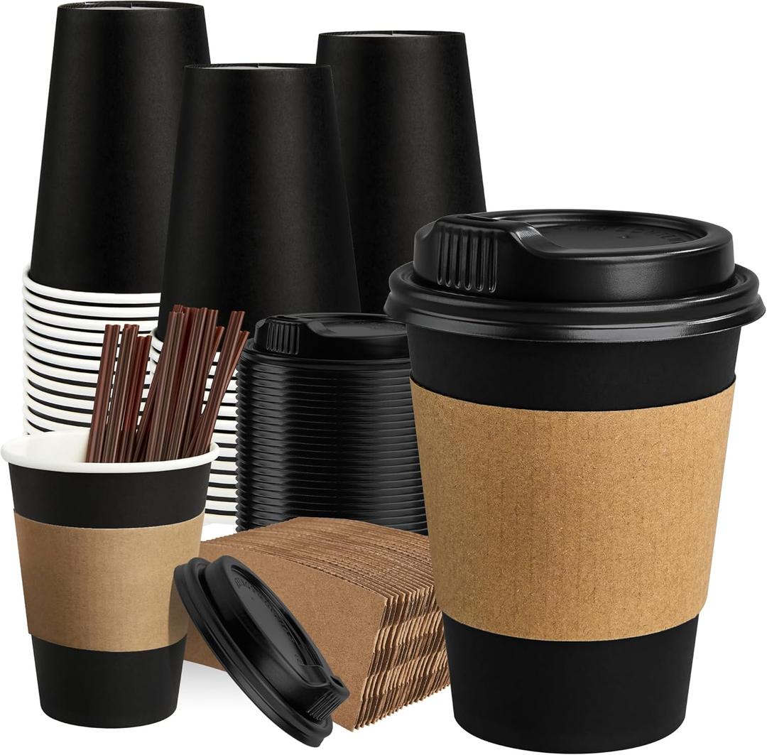 RACETOP 12 oz Paper Coffee Cups,100 Pack Black Disposable Coffee Cups with Lids, Sleeves and Stirring Sticks, 12 oz Hot Coffee Cup for Hot Drinks, Parties, Picnic, Travel, and Events