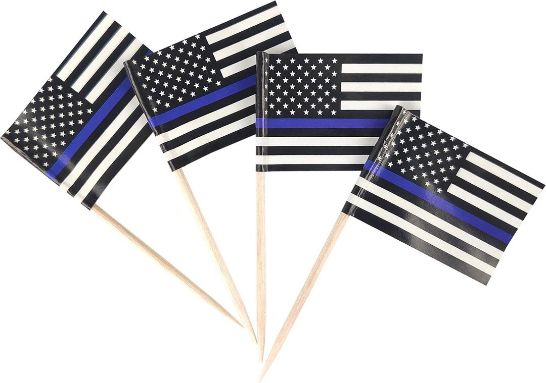 2 x QQSD Thin Blue Line American Police Toothpick Flag Small Mini Cupcake Topper Flags, 100 pcs