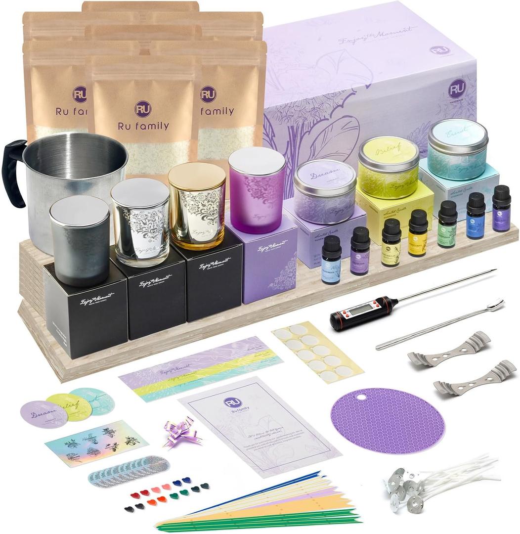 RU HANDMADE DIY Candle Making Kit for Adults Soy Wax Candle Kit for Beginners, Make 7 Full-Size Candles with 7 Gift Boxes, 1120g Wax, 710ml Fragrance Oils, 4 Glass 7oz Jars & 3 Tins