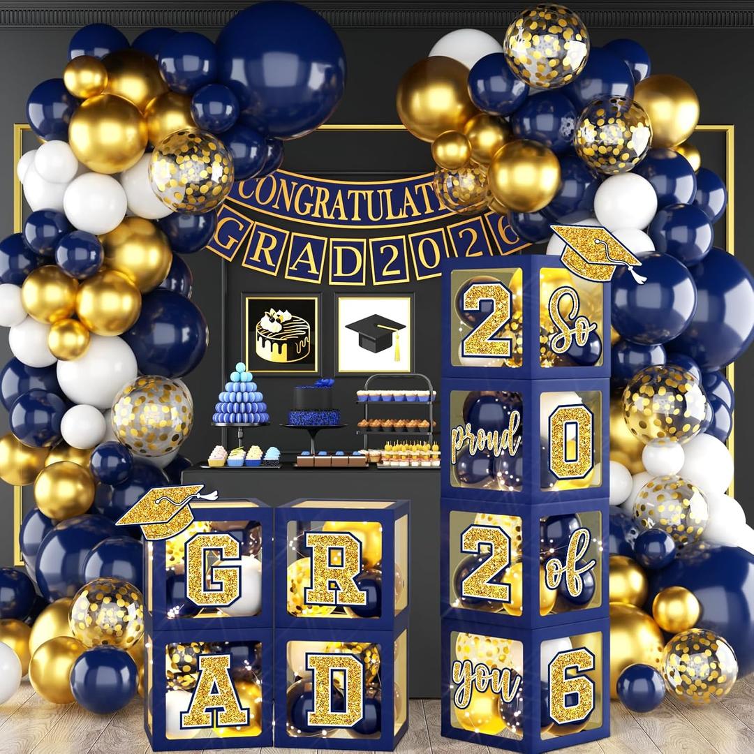 Graduation Party Decorations Class Of 2026,Navy Blue and Gold Graduation Decorations 2026 Boxes Balloon Arch With Letters 2026 Grad So Proud Of You for College Party Graduation Party Supplies