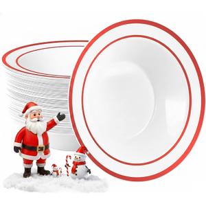 Goodluck 50 Pack Plastic Bowls with Red Rim, 12oz Disposable Soup Bowls, Heavy Duty Dessert Bowls for Weddings, Parties, Valentine's Day Dinners, Catering, Thanksgiving and Everyday Use