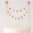 Birthday Cake Bunting Topper, Pink Rose Pennant Flag Garland with Wood Pole, Fabric Party Decoration