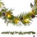 Christmas Garland Decoration with Lights - 6FT 40 LED Battery Powered Pre-Lit Christmas Garland with Pine Branch, Pine Cones, White Berry Cluster, Leaves, Mixed Decors for Mantle Fireplace Stairs Door