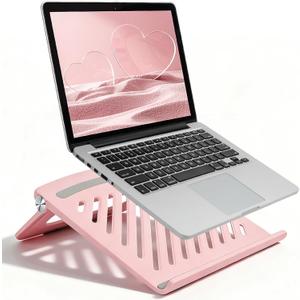 Cute Pink Laptop Stand for Desk  Adjustable Foldable & Portable Laptop Riser with Silicone Anti-Slip Pads, Ventilated & Sturdy Computer Stand for MacBook, Notebook, Office, Home, or Travel