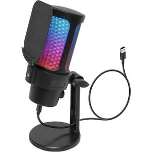 VCOM Gaming USB Microphone, Condenser Dynamic Mic for Podcasting, Streaming, with Quick Mute, Desktop Stand, Pop Filter, RGB Indicator, Shock Mount, Rotate gain Button, Compatible with PS4/5/PC